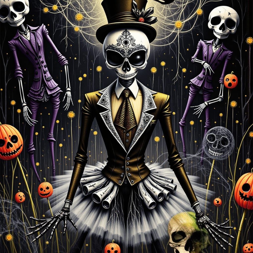 <lora:Momento Mori:1.0> Halloween dancing skeletons