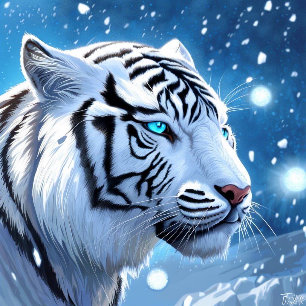 Siberian White Tiger in Snow  by @Antinomy