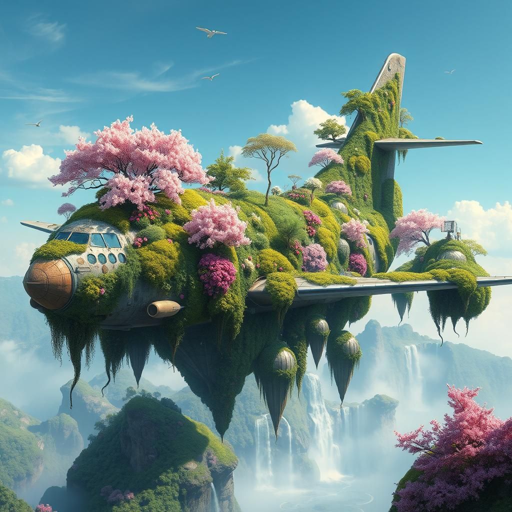 Lush Airplane Island with Cherry Blossoms