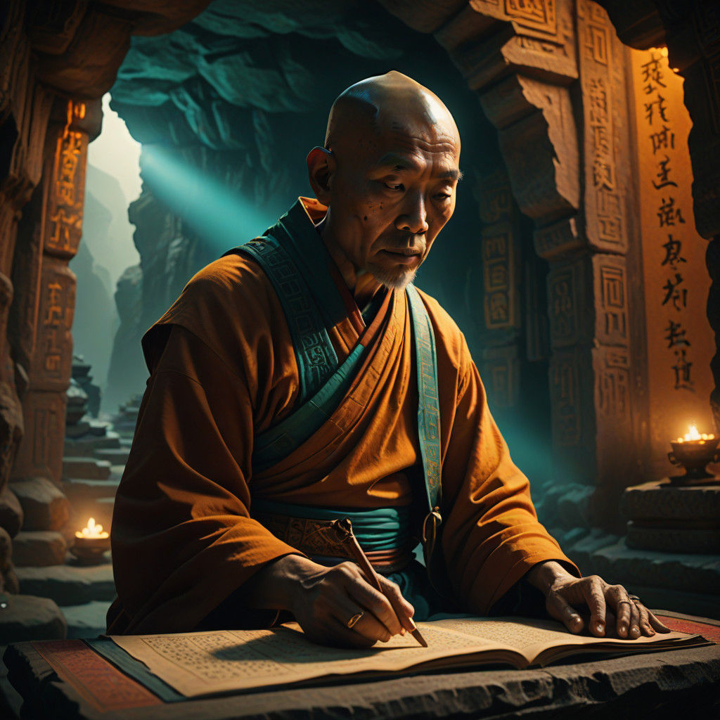 Ancient Monk in a Golden Cave Temple