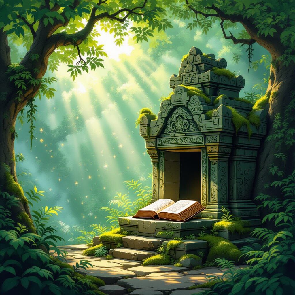 A whimsical scene of an ancient, moss-covered temple nestled within a vibrant, enchanted forest. Sunlight filters through the dense canopy, ...