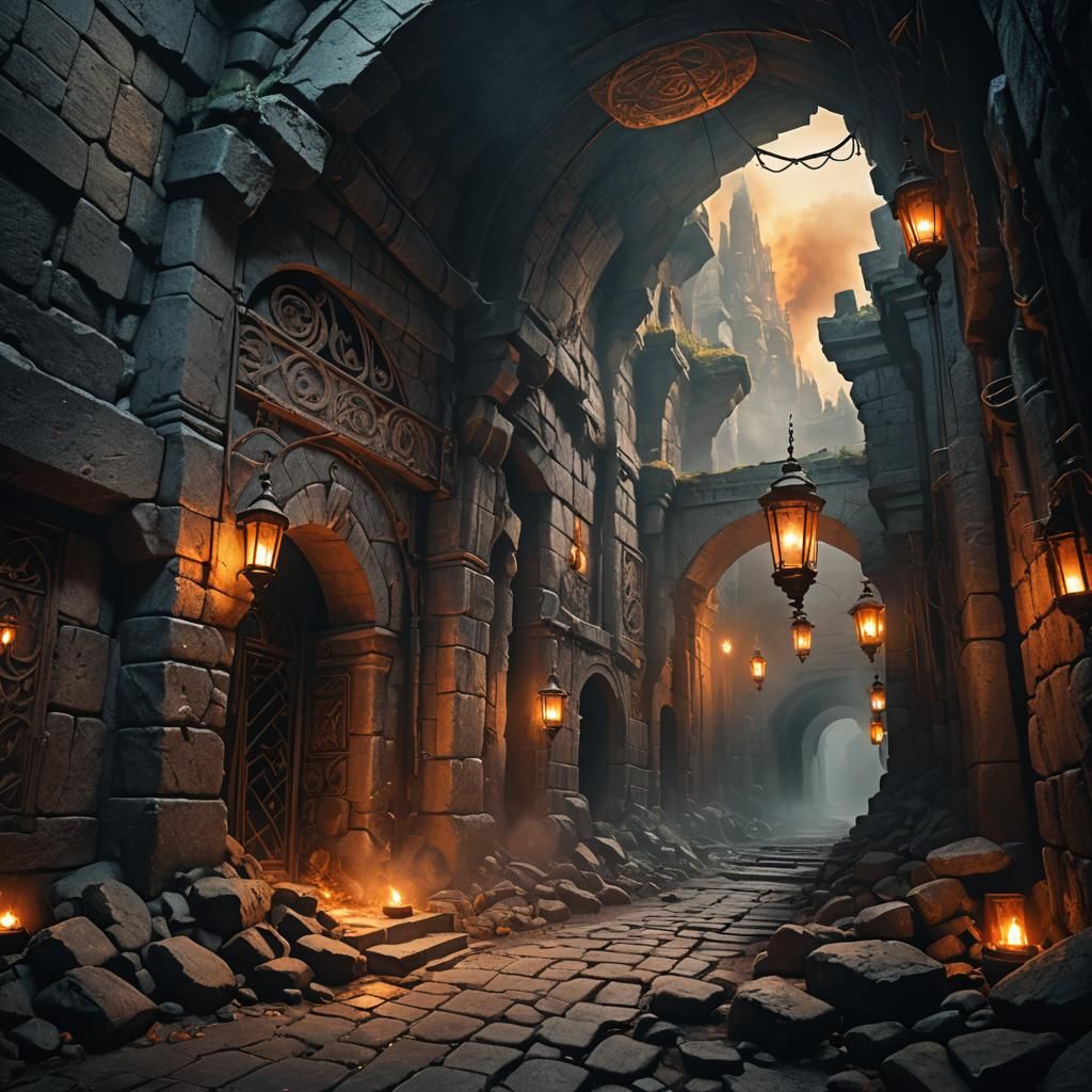 Mysterious Smoky Tunnel with Glowing Runes