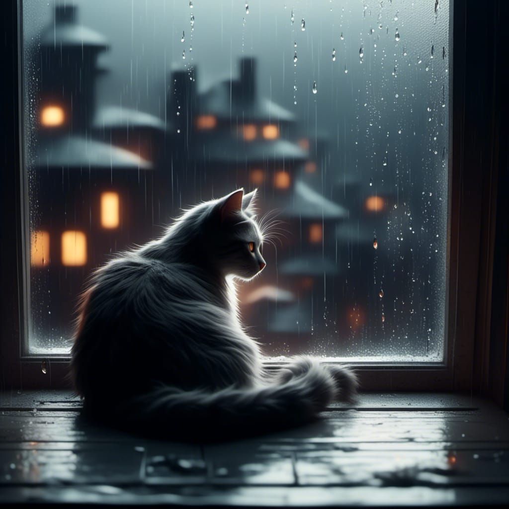  <lora:ExtraLife:1.0> A cat curled up on a windowsill, watching the rain outside