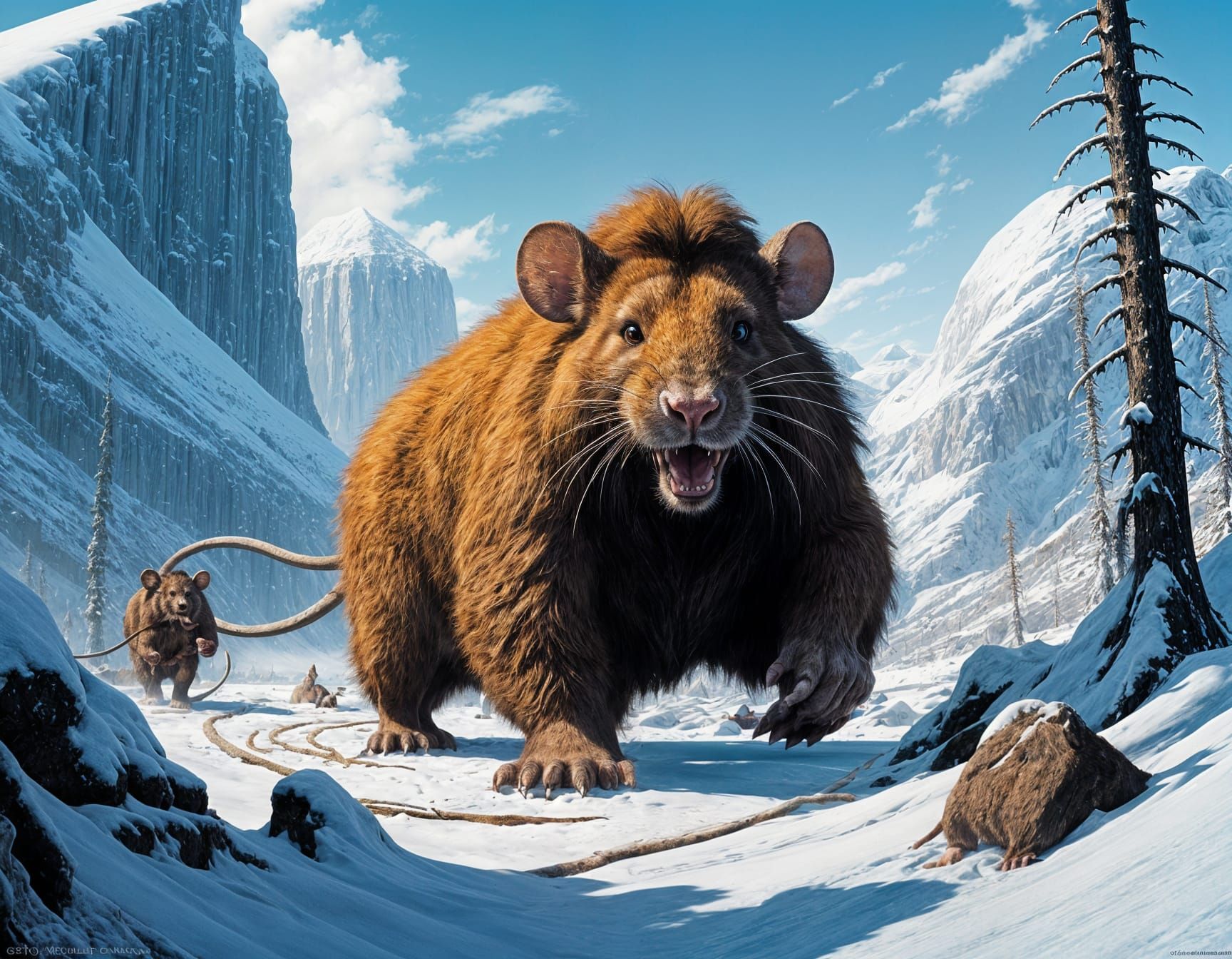 giant hulking (Mouse: 1,5), with tusks, long brown woolly furr and big as Mammoth, dynamic moment with ice age hunters, epic scenery 
