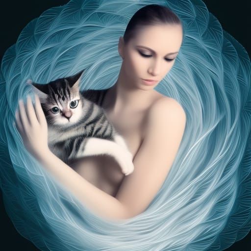 incredibly beautiful woman holding a kitten, movement, white...