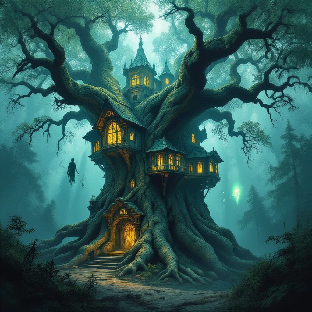 A colossal, ancient treehouse built into the boughs of a petrified forest. Its architecture is organic and alien, with glowing runes carved ...