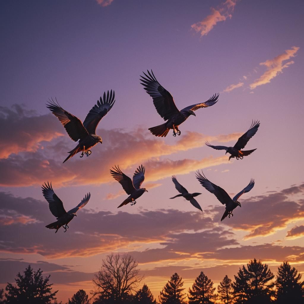 Multicolored harpies in flight purple and orange sunset