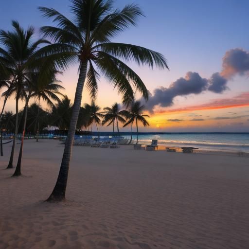 A beautiful wide-angle shot of a tropical beach at sunset. P...