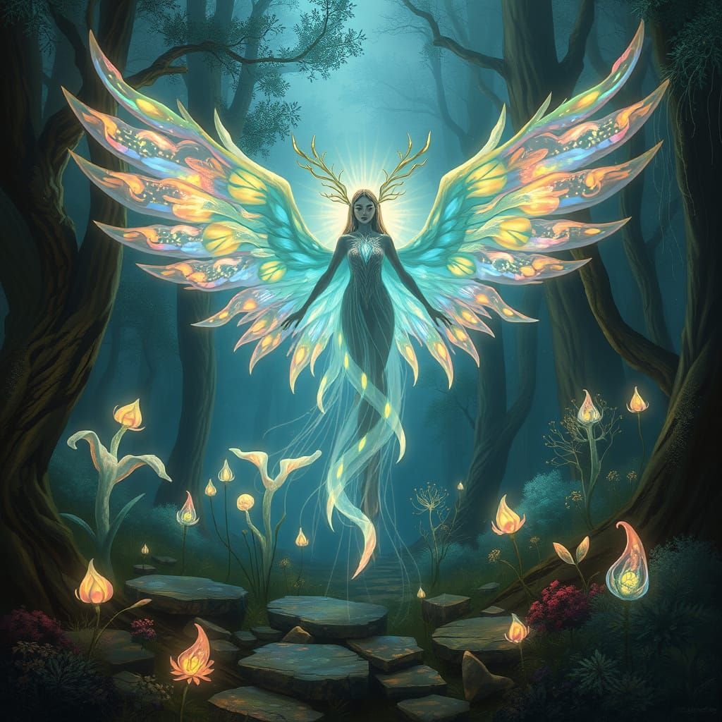 Ethereal Being with Iridescent Wings and Mystical Aura
