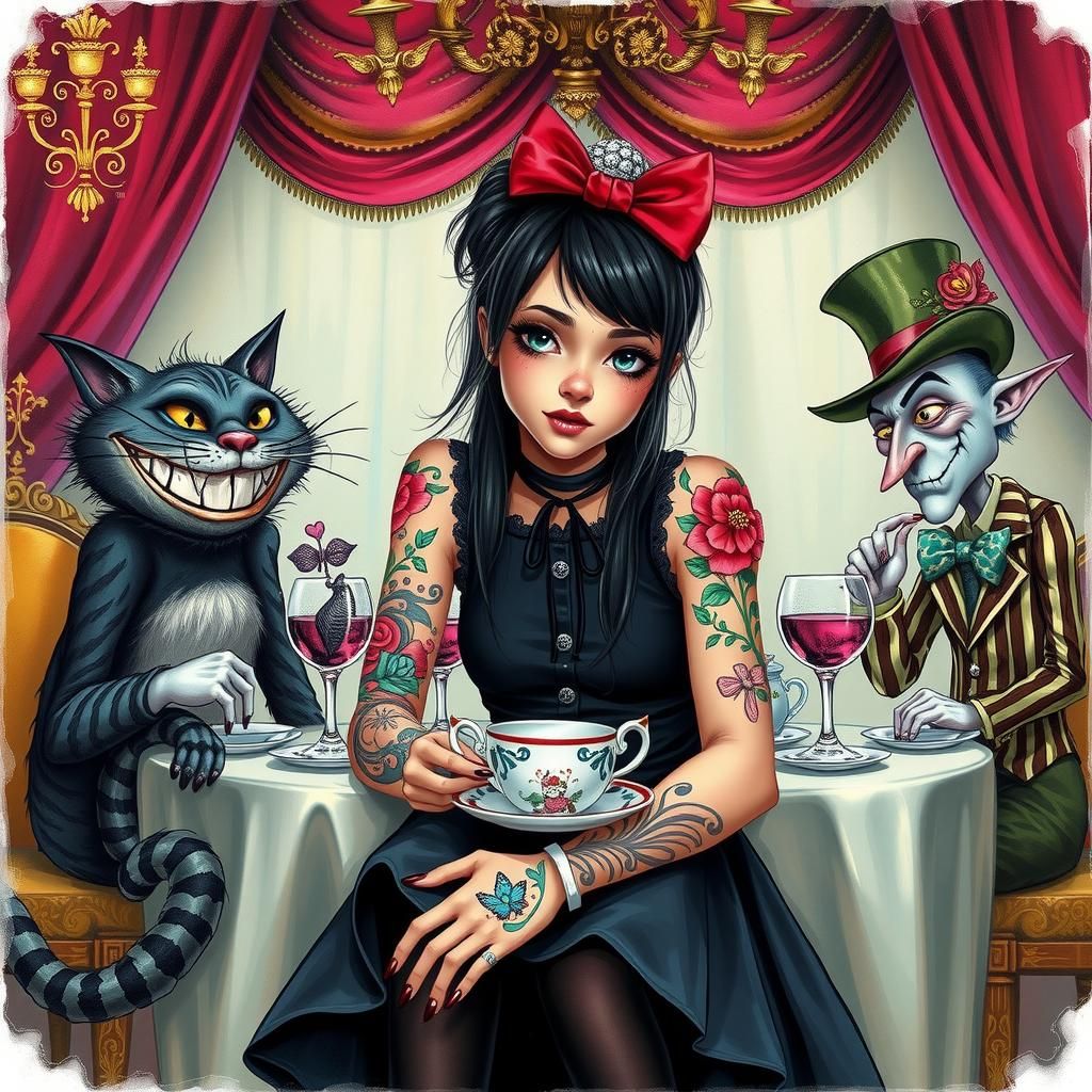 Emo Alice in wonderland coloured tattoos , with the chesire cat and mad