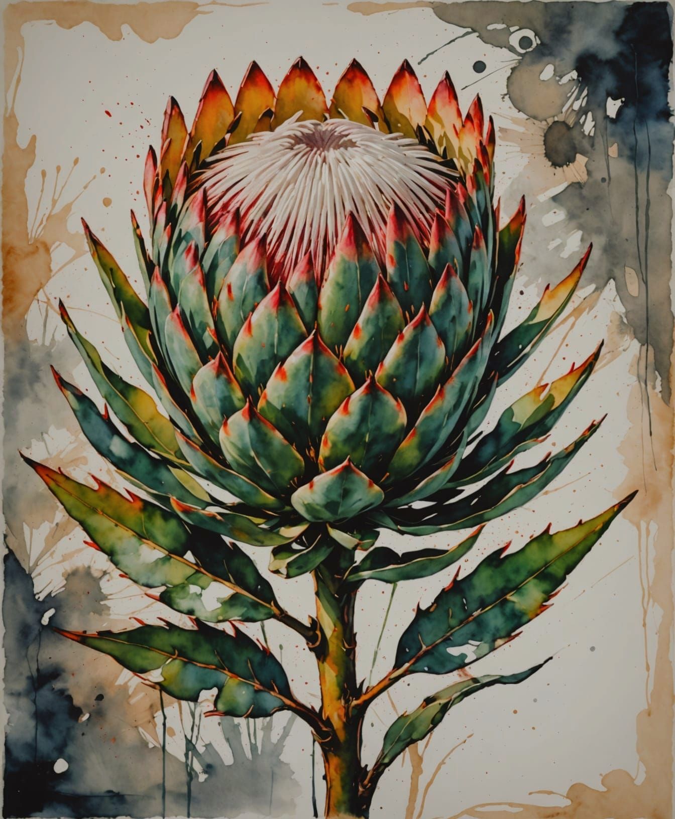 A beautiful protea blossom. Expressionist sketch, dissolving into alcohol ink spatter, set against a subtle, minimalist background. Textured...