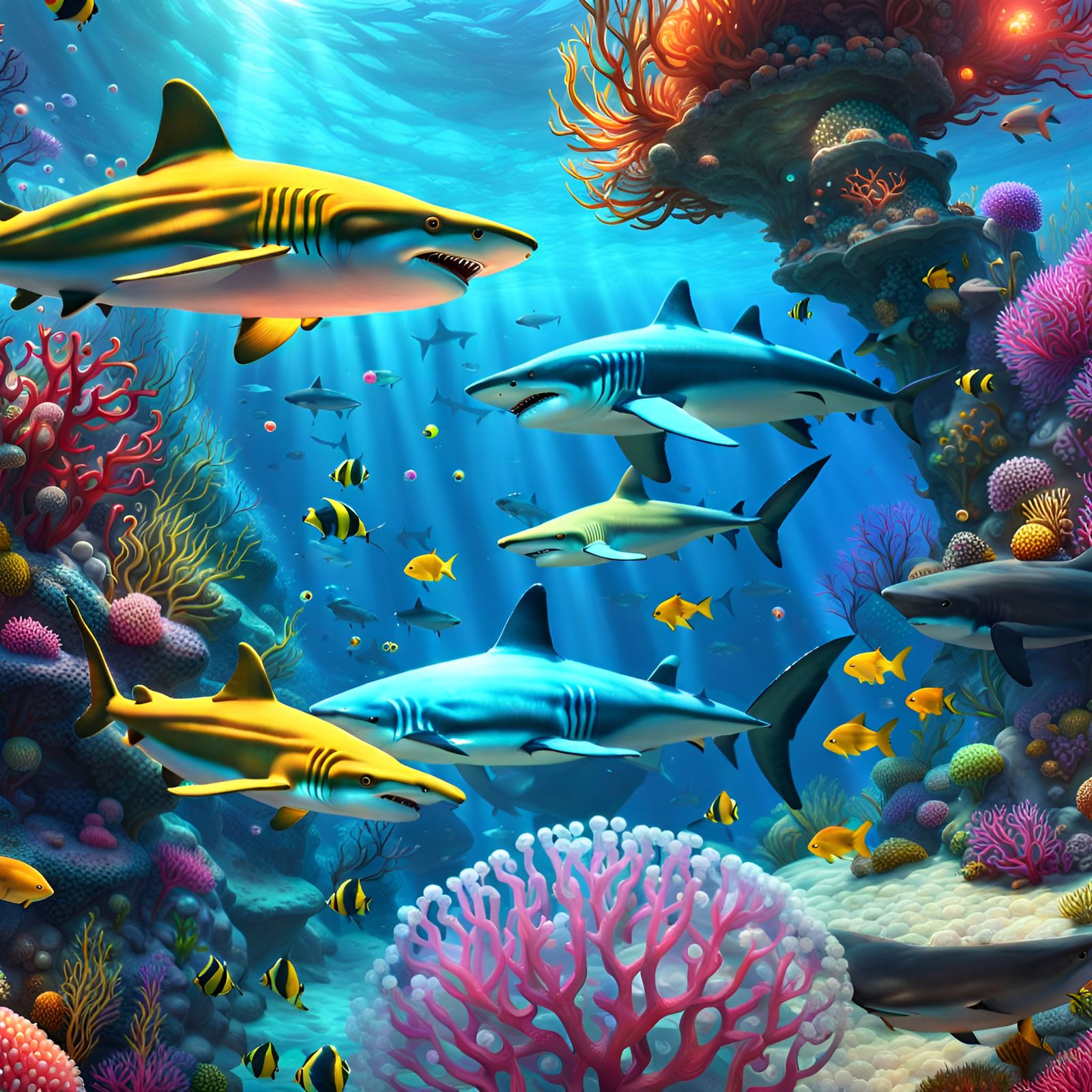 Hyperreal in ultra 4k of sharks in a frenzy.  Vibrant colorful jellyfish rainbow coral reef underwater ...  by @Showy