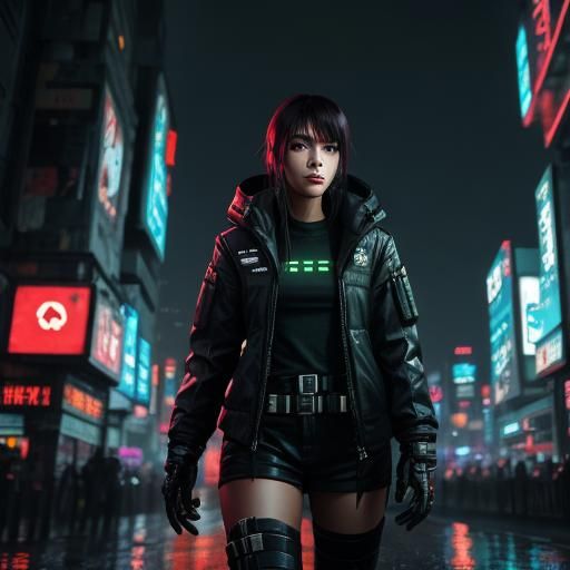 Medium shot of a female sci-fi protagonist in a cyberpunk ci...