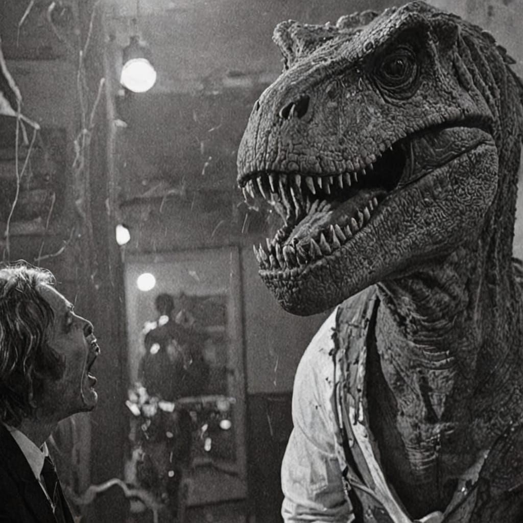 Terrifying B&W horror creation of a human man standing inside of an empty room with a scientifically accurate hungry hum...