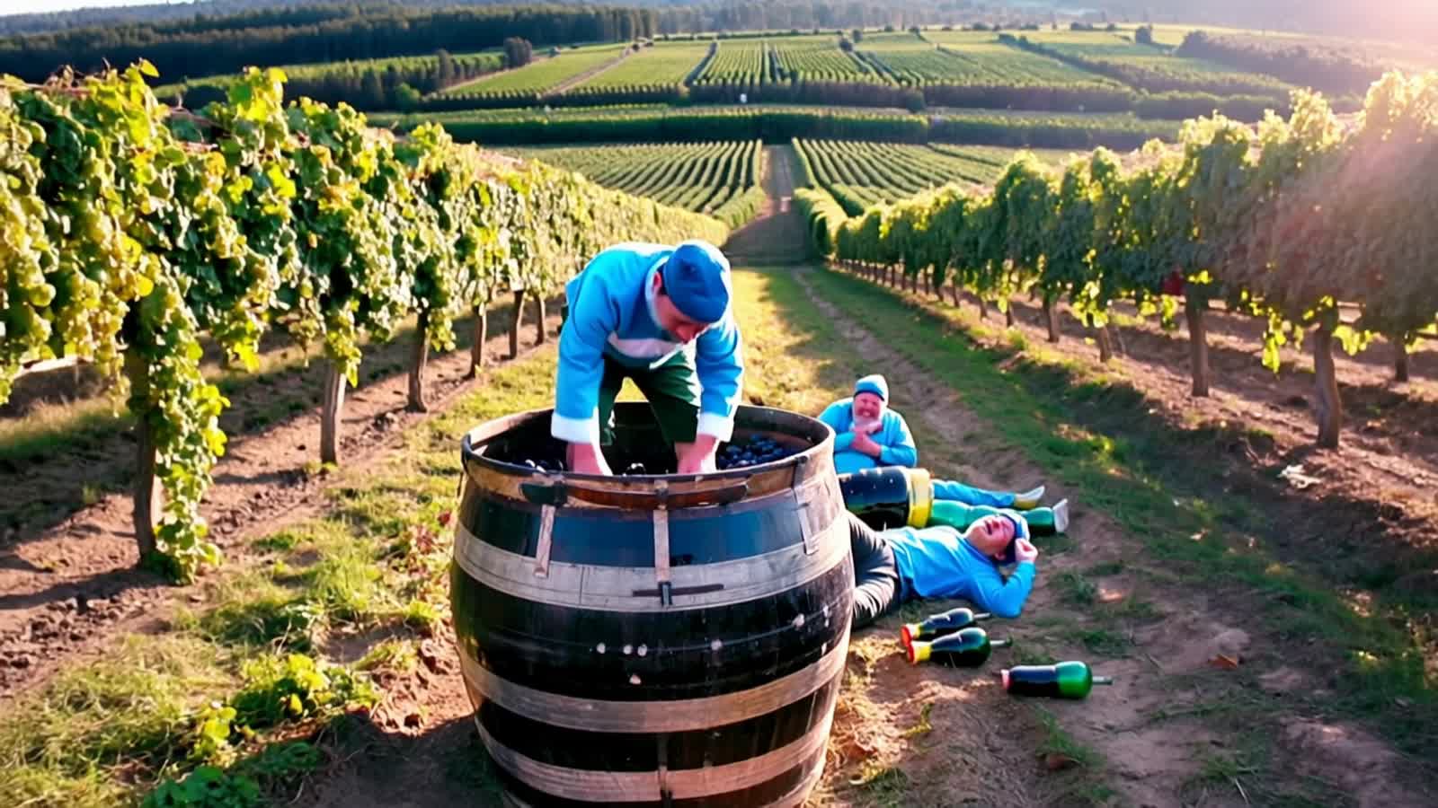 A Blue Smurf stomping blue grapes in a barrel turning them into blue wine dripping into bottles in a beautiful grape vin...