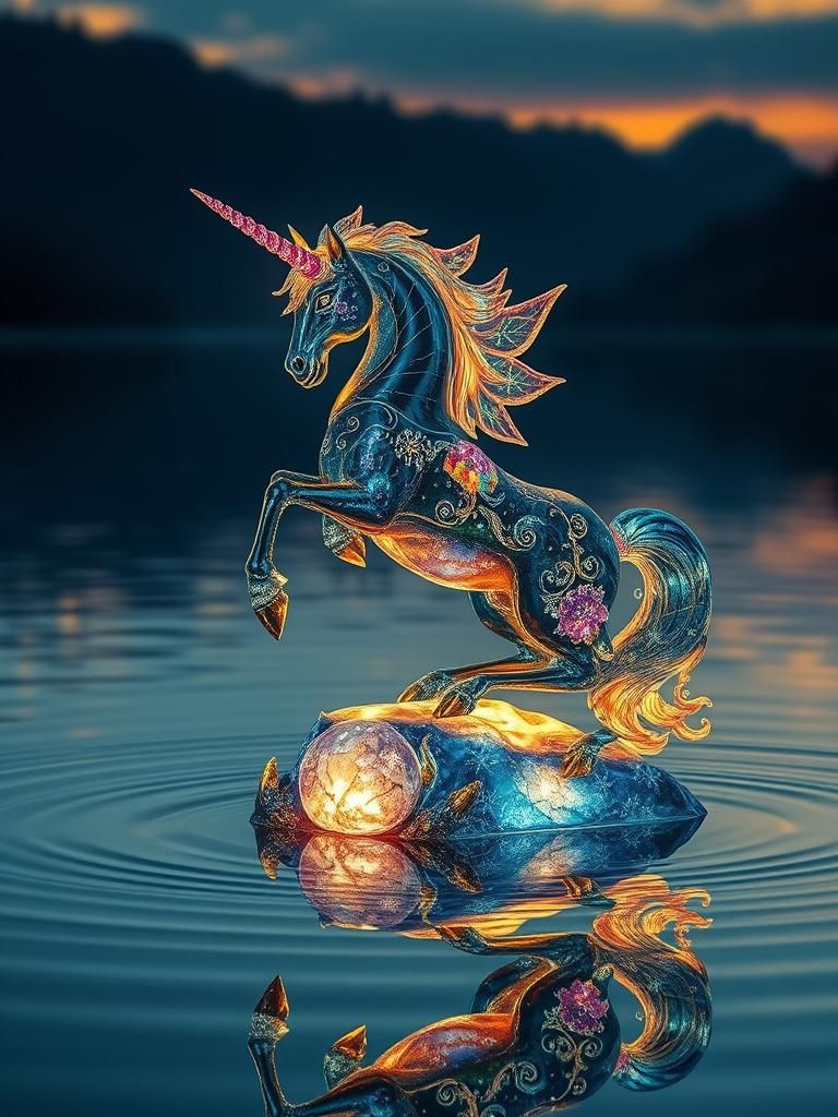 Portrait majestic gothic unicorn sculpte in glass, adorned with bright enameled details light passing ...  by @Roswarcus