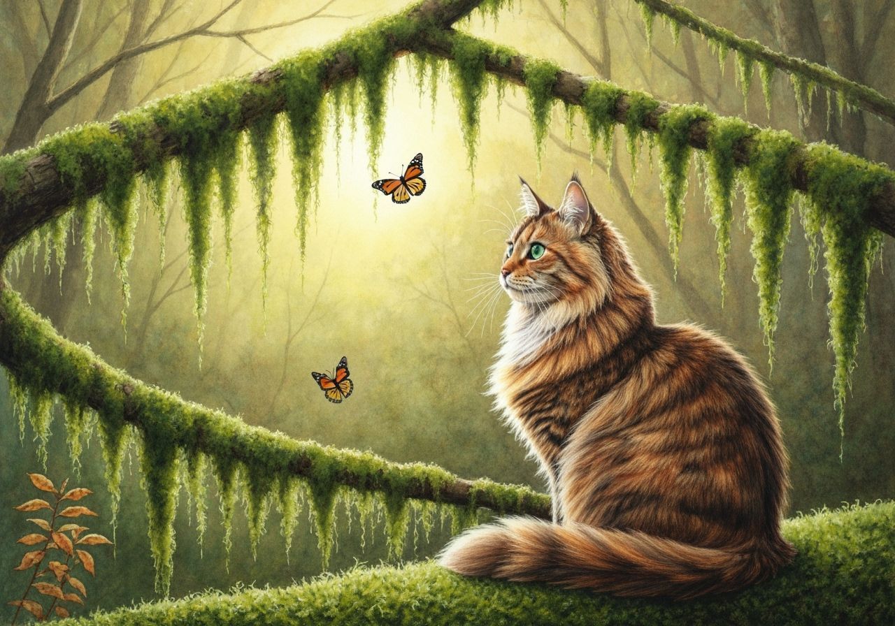 Watercolor of cat in wooded area  is a wooded area covered in moss.  by @Roaring_Dame