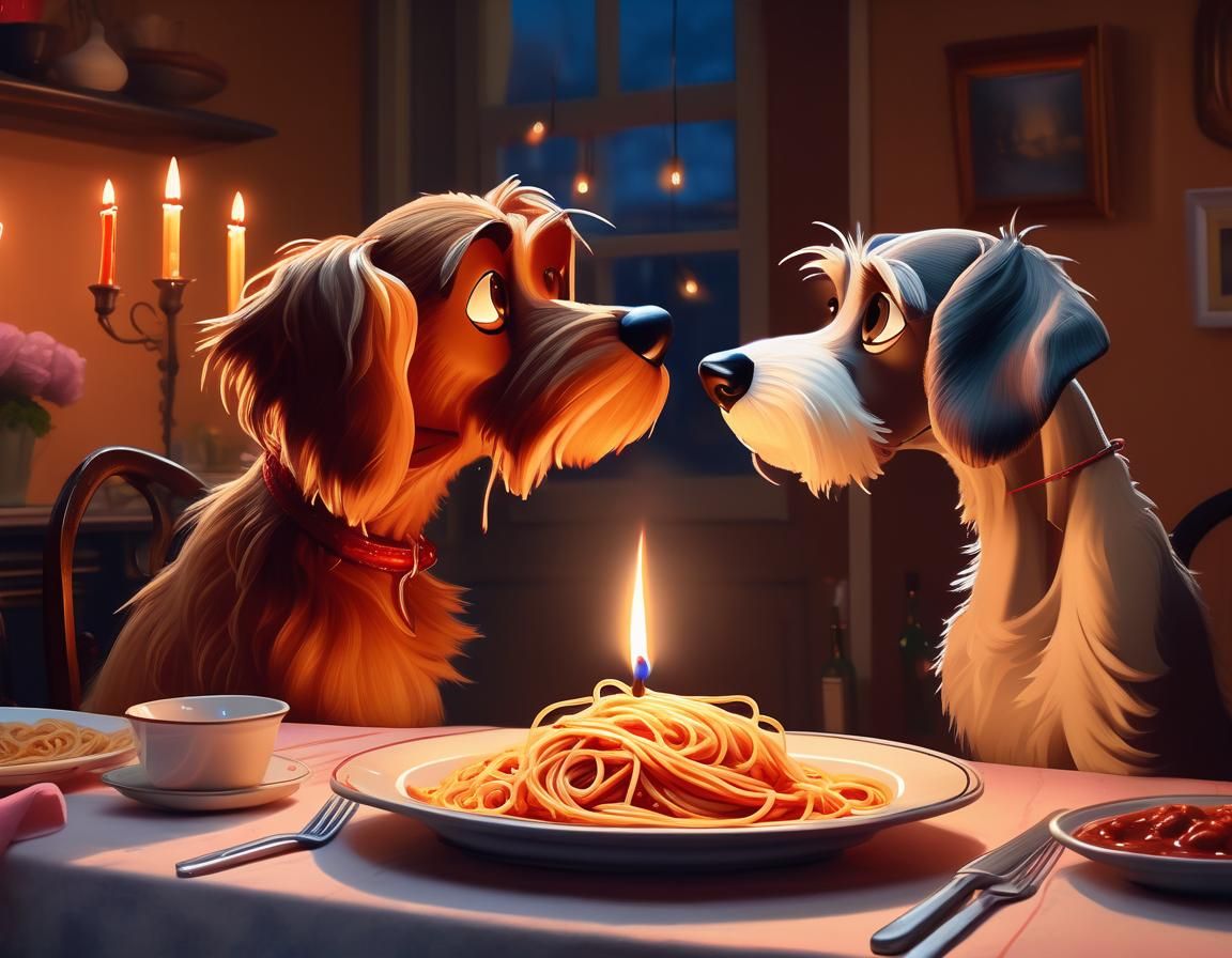 artwork capturing the romantic ambiance of a candlelit spaghetti dinner, inspired by the iconic scene ...  by @undefined