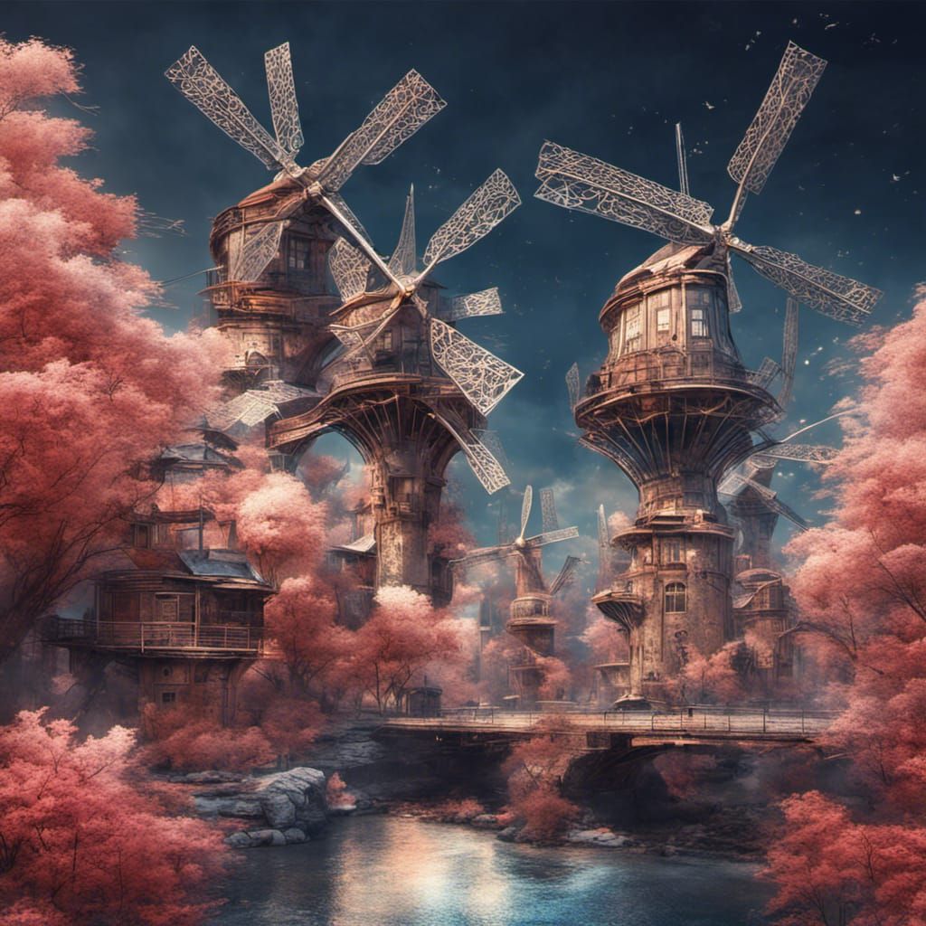 Envision a futuristic cityscape with windmills featuring fut...