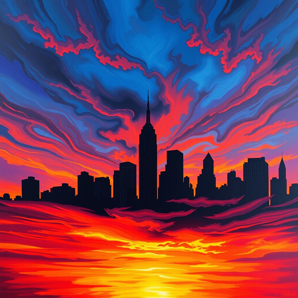 the skyline of new york city, black silhouette in front of colored sky, award-winning painting, deep colors, rich colors in sky
