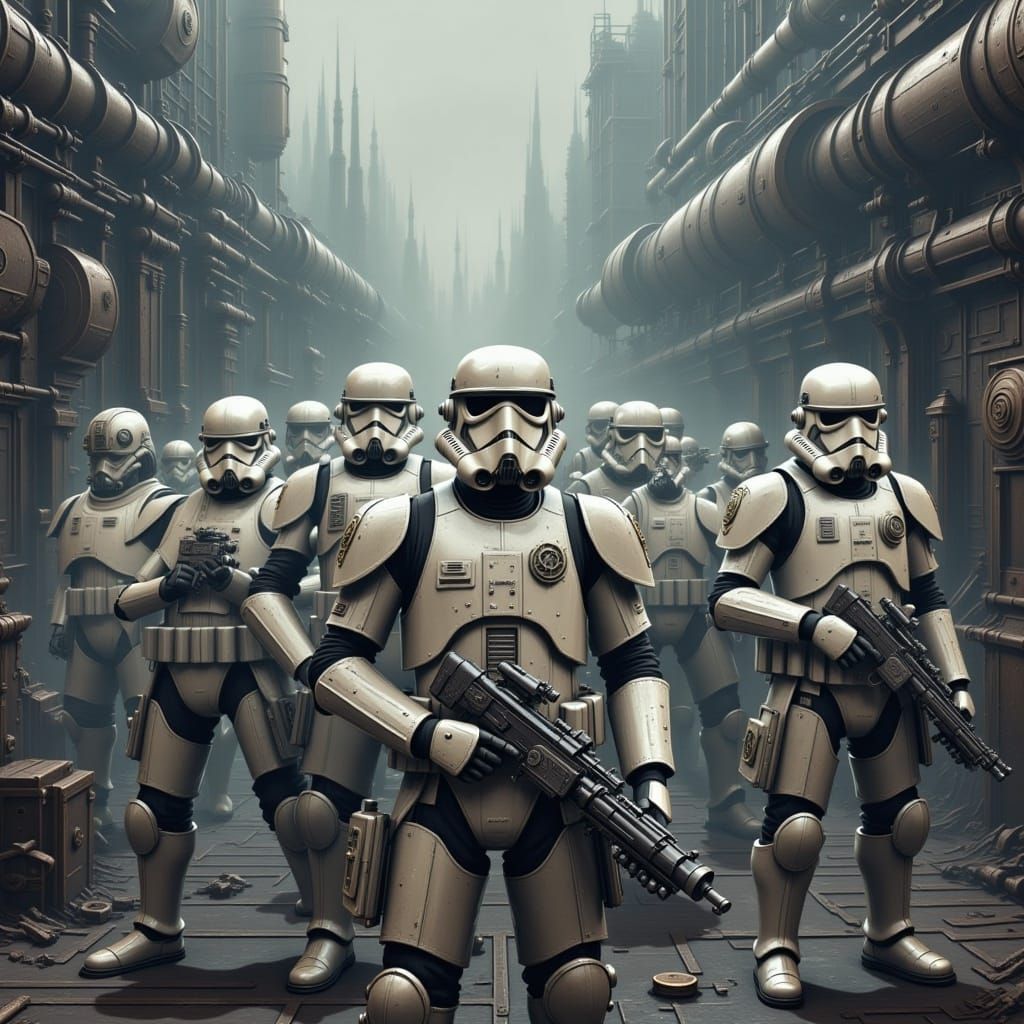  <lora:Dieselpunk Flux:1.0> A group of stormtroopers