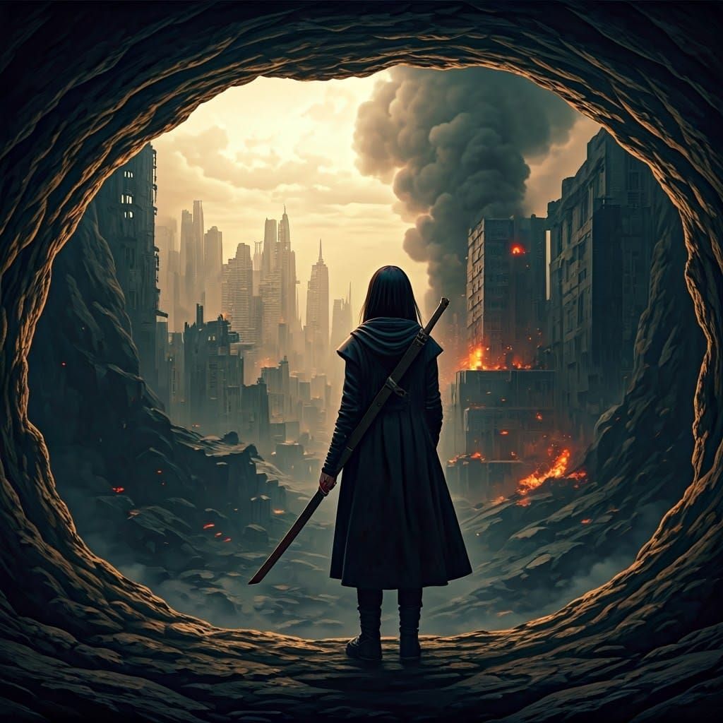 Teen girl with straight black hair wearing all black, holding a jian sword looking off into the distance burning dystopian city while standi...