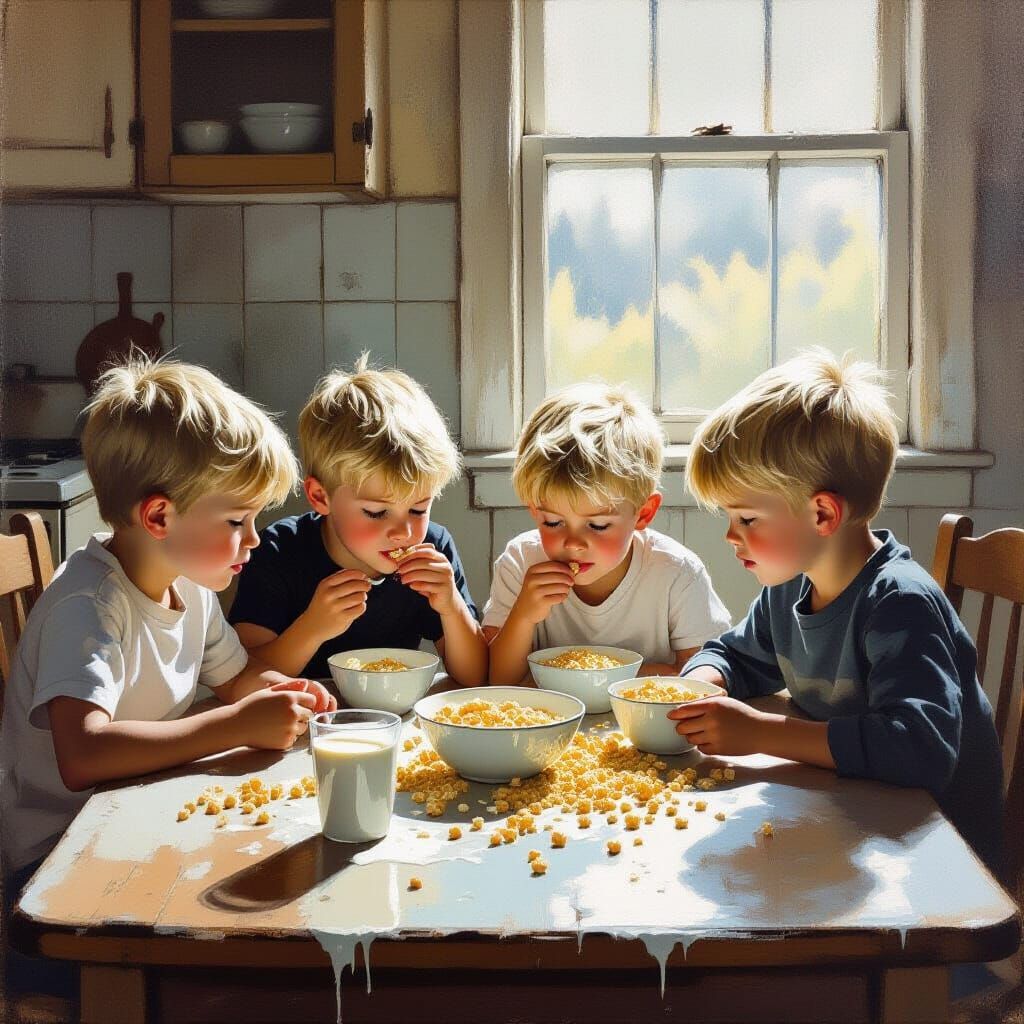 Boys Eating Cereal in Old Kitchen, Painterly Style