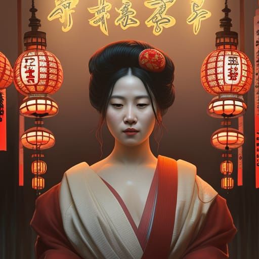 Woman in Japanese Bath House with Red Lanterns