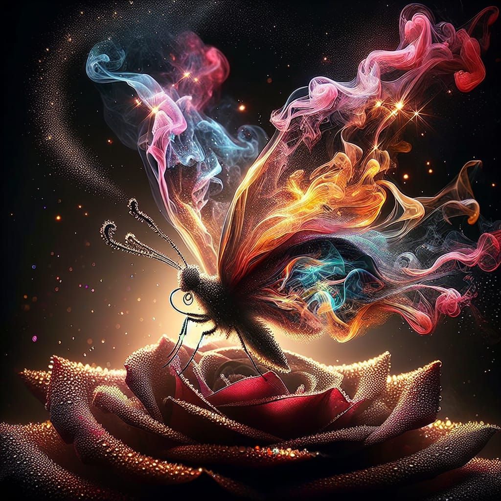 Stunning butterfly with beautiful wings made of smoke, gold and smoke flecks, and a very beautiful colorful glow perched on a dew covered ro...