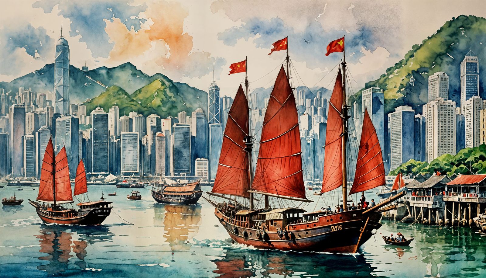 watercolor art of Hong Kong's Victoria harbour in 1970s, with Chinese red-sail junk boat in the sea  by @Alan