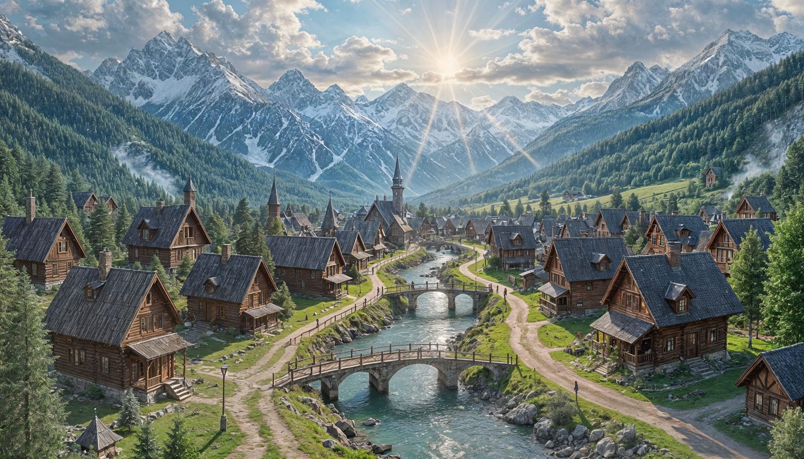 Fantasy Village by River in Gothic Painting Style
