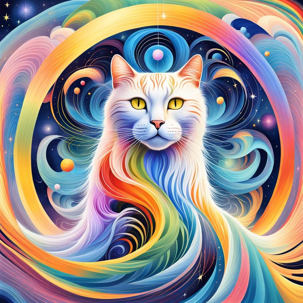 A colorful feline deity with fractal fur and cosmic flowing hair ...