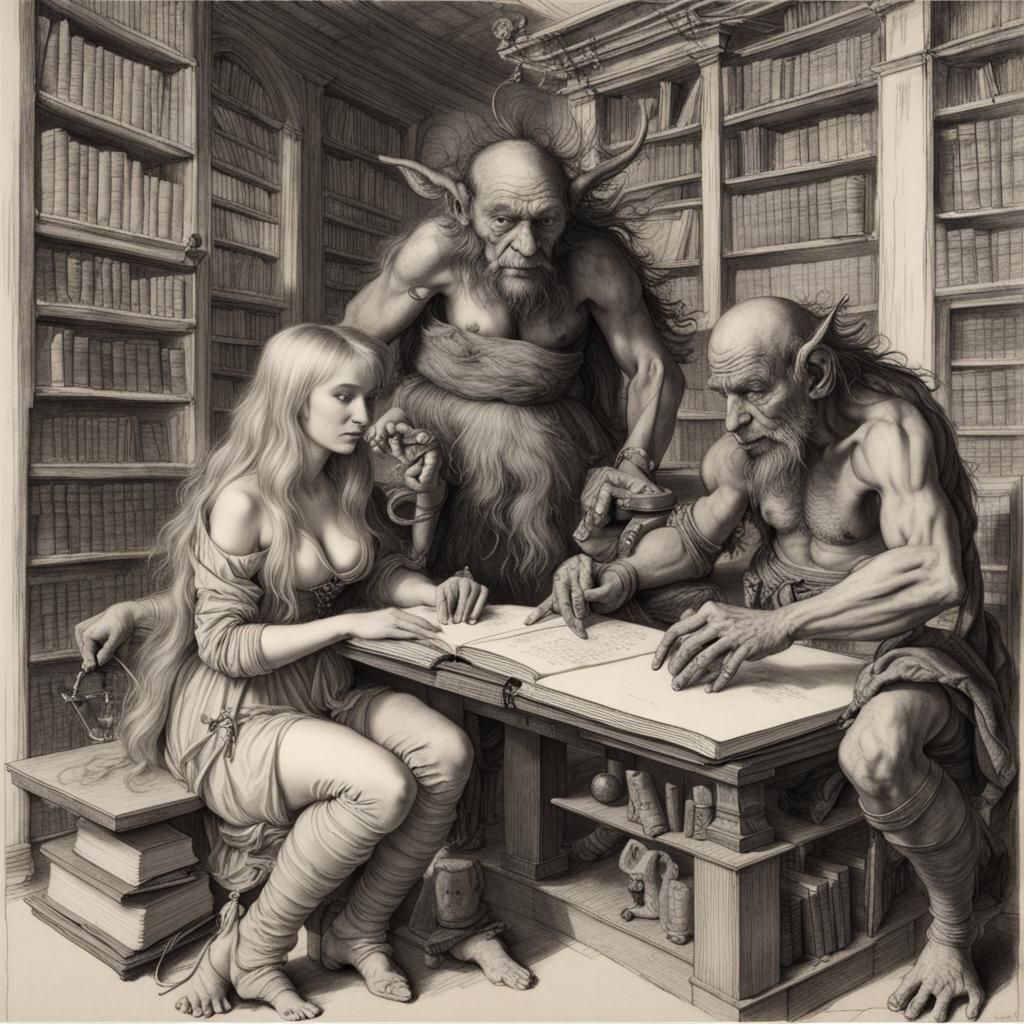 a goblin, a troll, and a beautiful woman in a library, Albre...