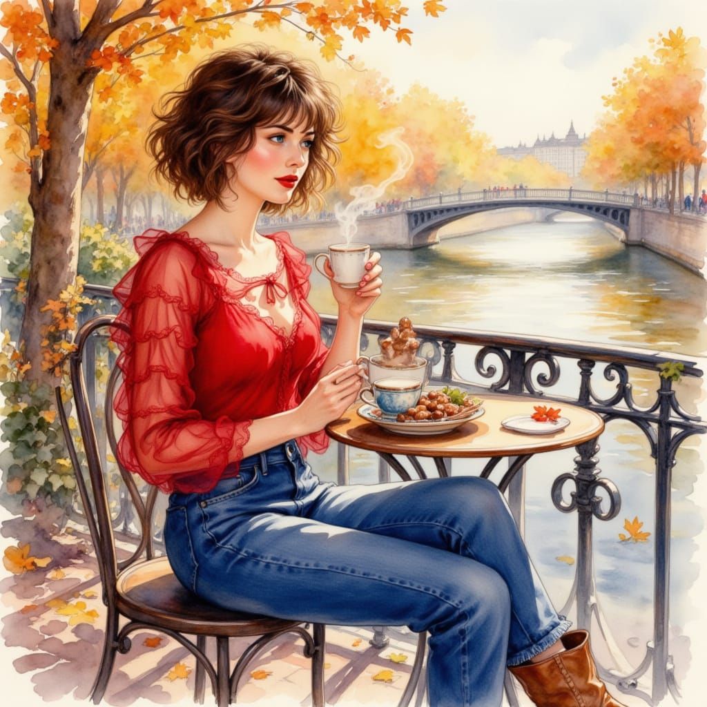 <lora:FluxDevFlux2:1.0>  A stunning woman, with short, messy brown hair, wearing jeans, a red tulle blouse with leaves, high-heeled boots, s...