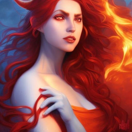 Flaming fire Aries with crimson red hair& ram horns& Head on fire with ...