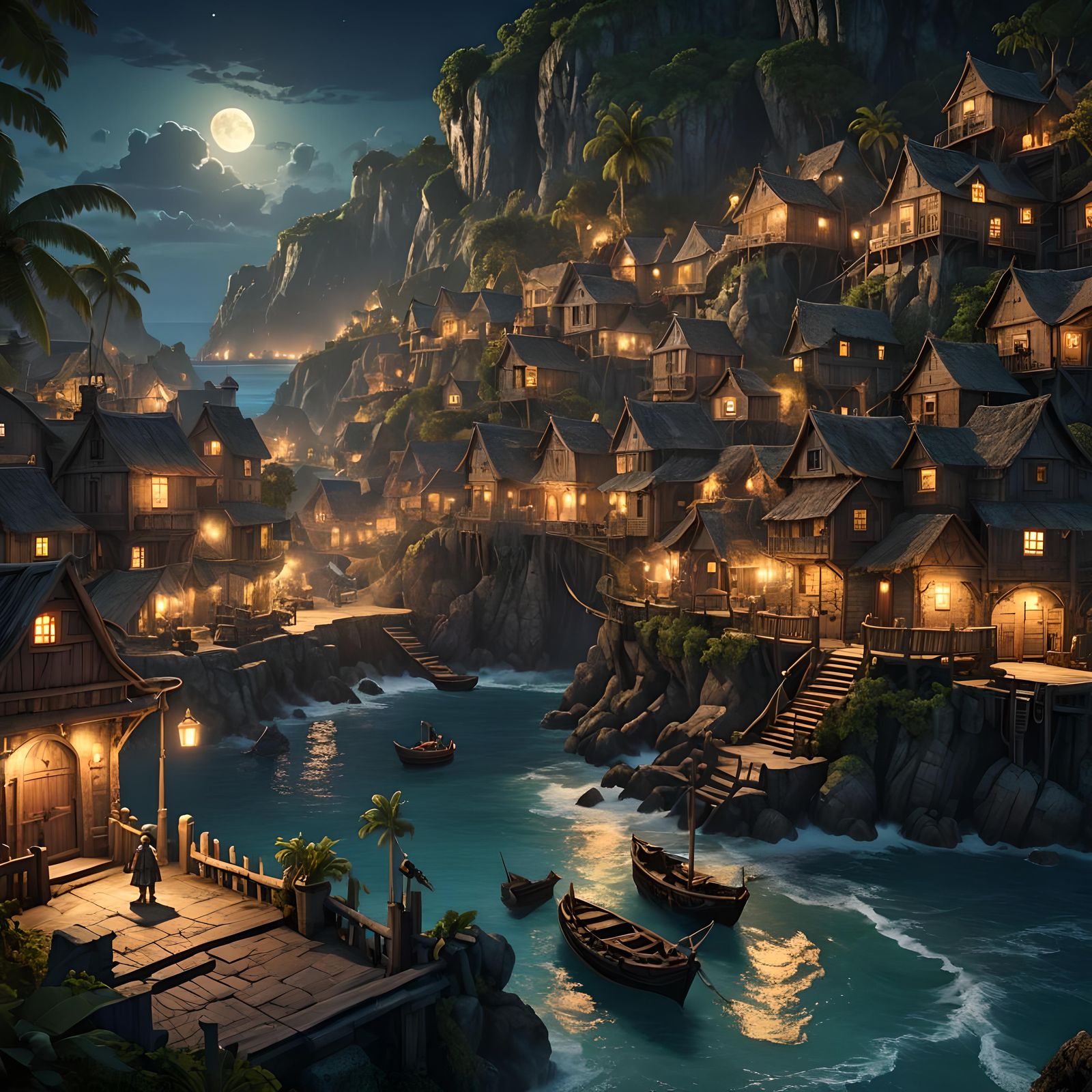 An idyllic scene of a coastal village in the pirate era of t...