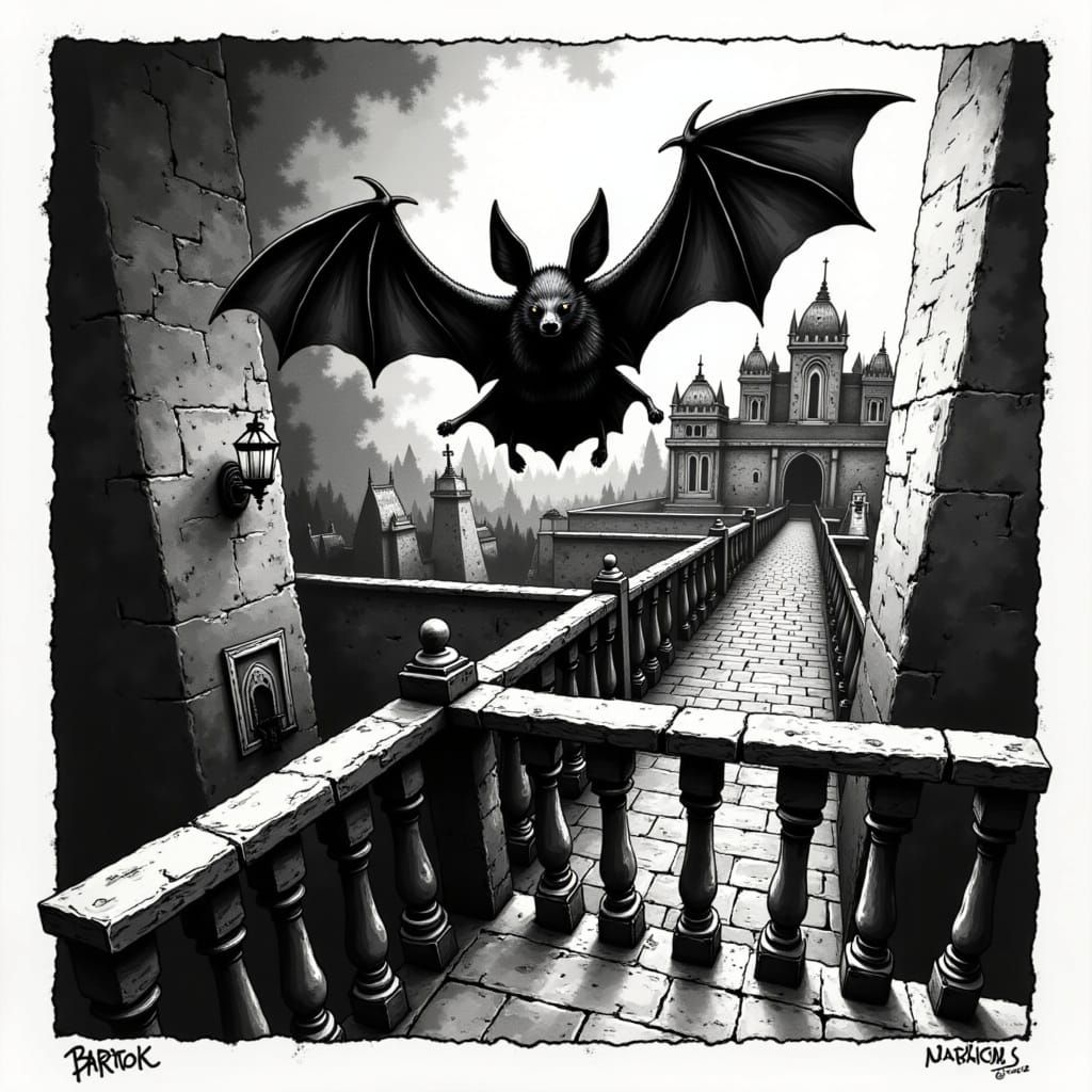 <lora:Ink Prints:1.0> Bartok landed on the cold stone railing, his wings flaring as he caught his balance. “Ohhh, I do not like this place o...