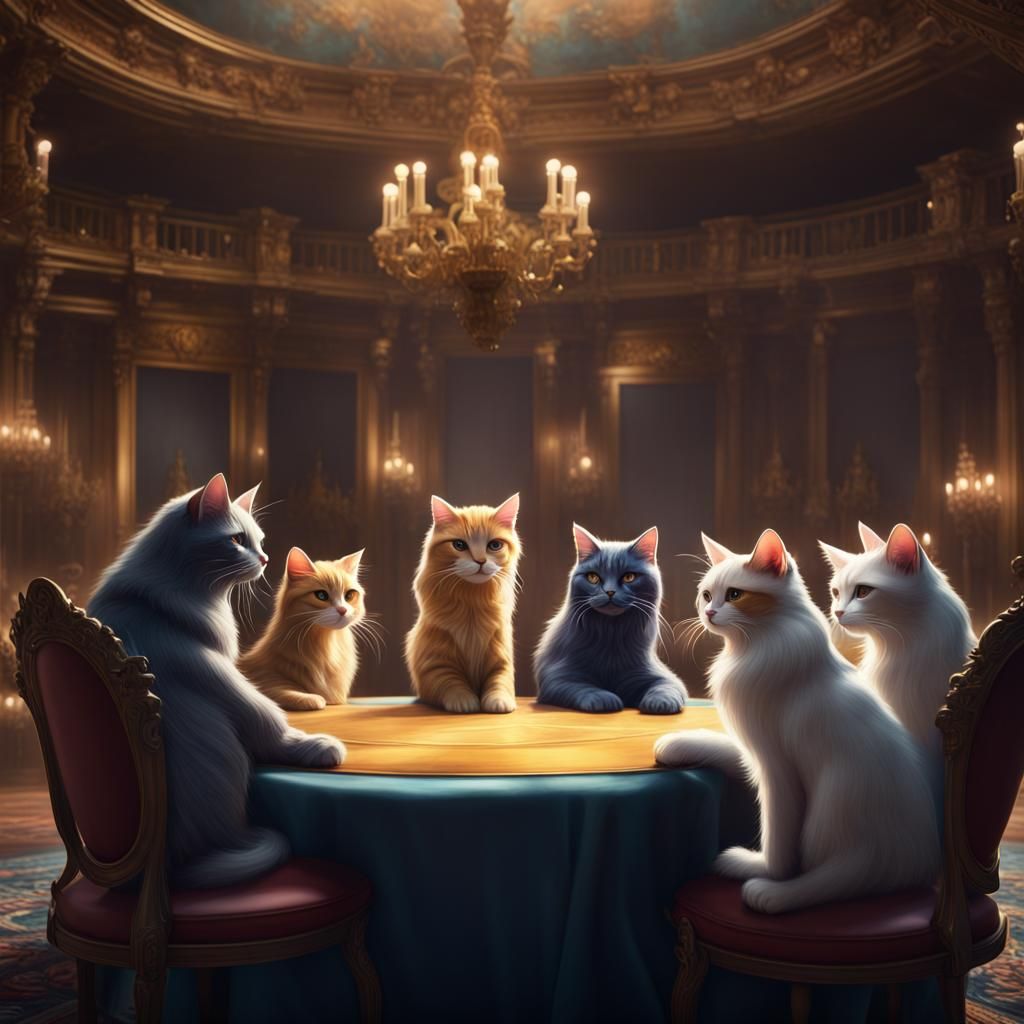 Focus on a grand cat council meeting, where representatives ...