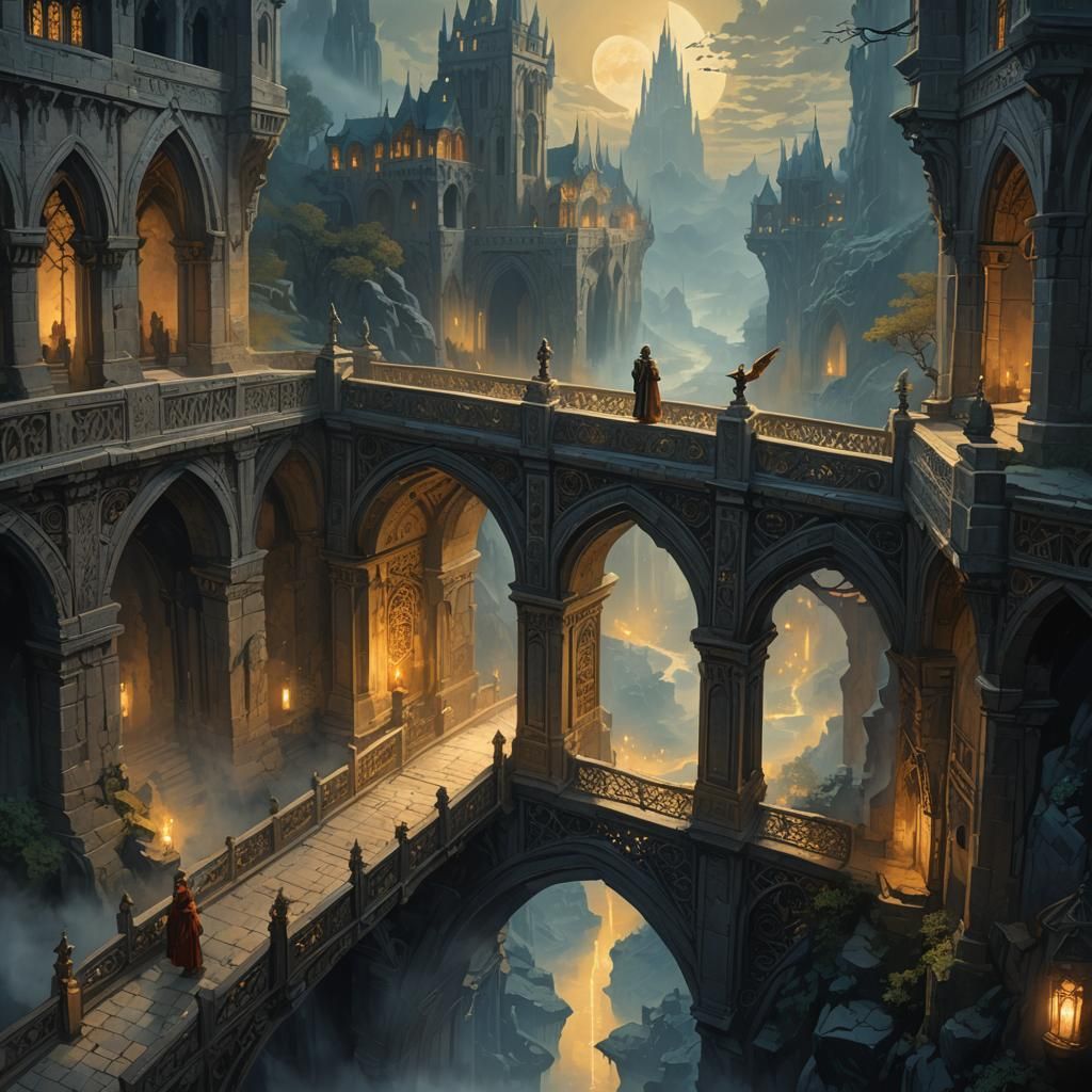 Medieval Bridge Concept Art in Golden Moonlight