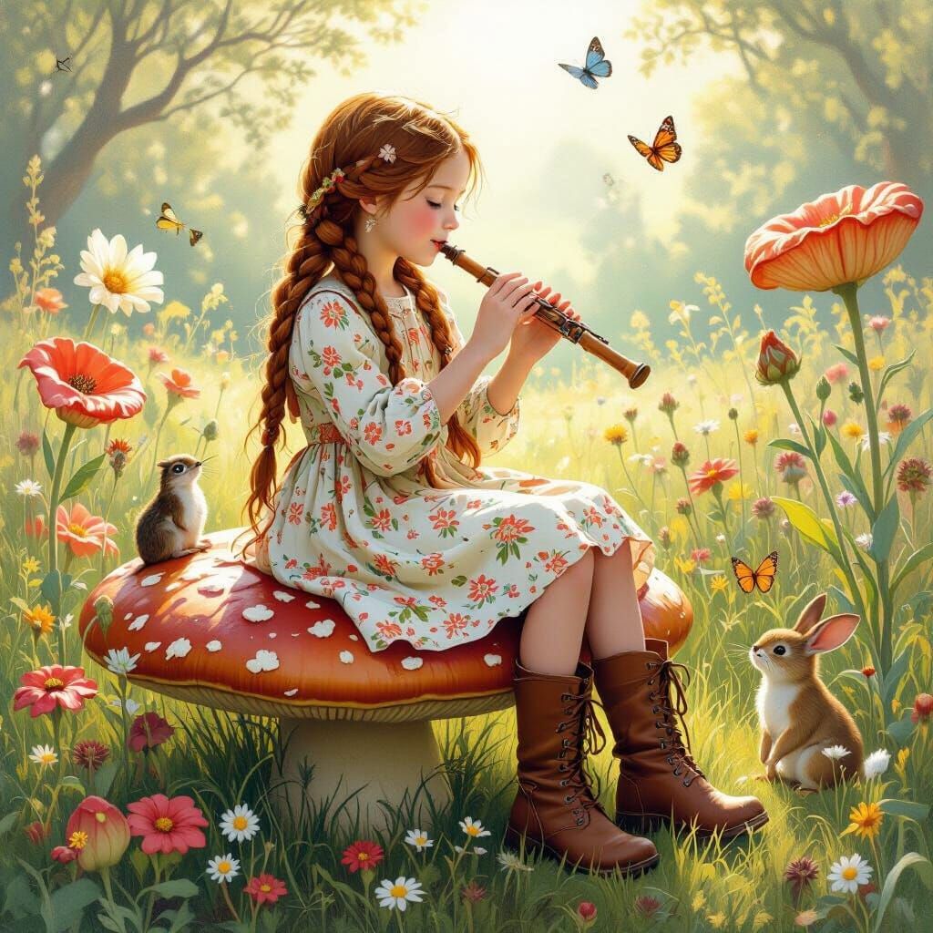 Enchanted Meadow Gathering With Girl and Flute