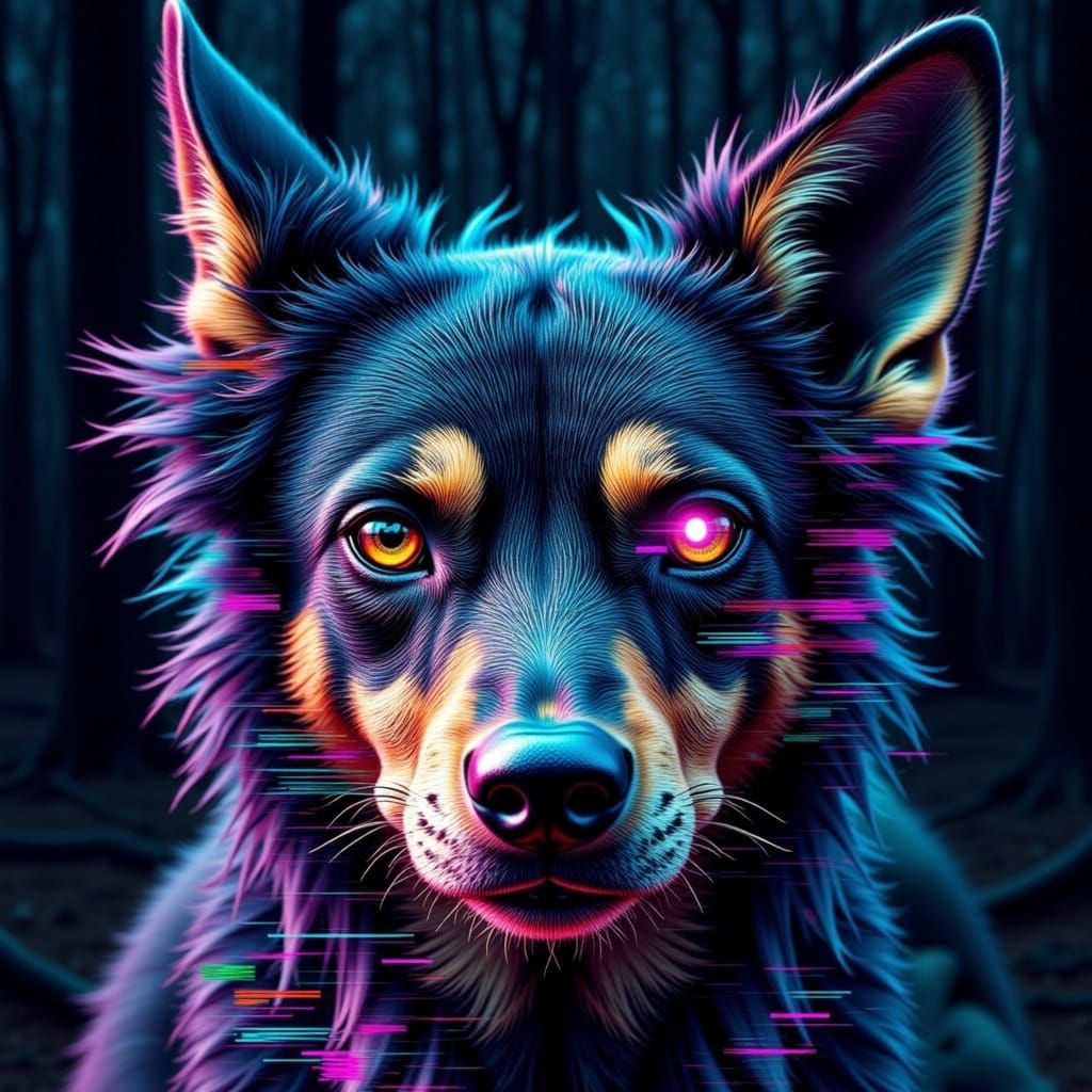 stunning mannerism <lora:Glitch n Errorcore:1.0> illustration. dramatic, close-up portrait of a Catahoula Leopard Dog's face