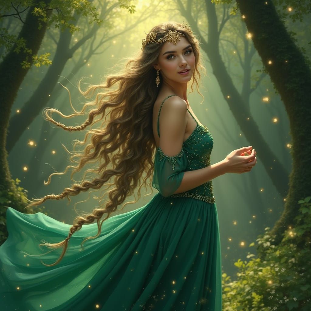 Ethereal Woman in Emerald Gown in Enchanted Forest