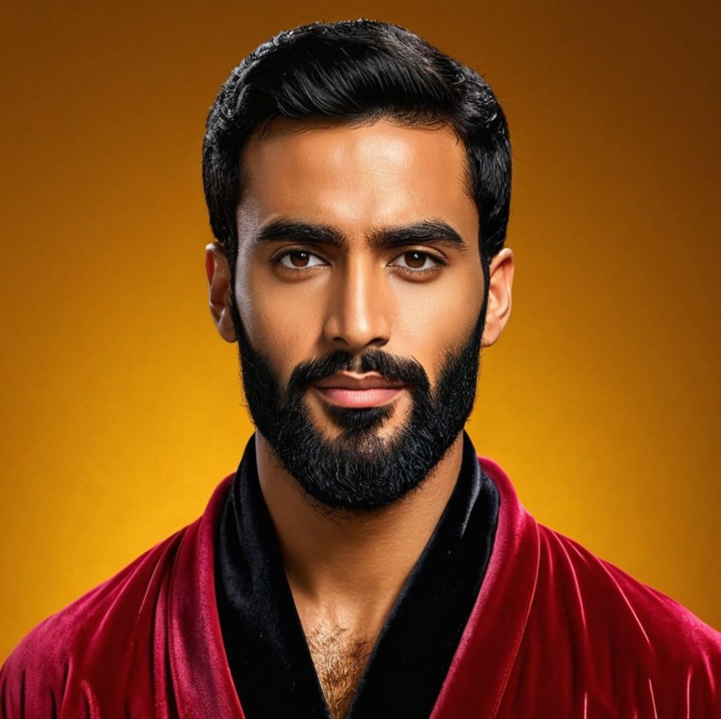 A handsome  serious man with   black  hair and beard  wearin...