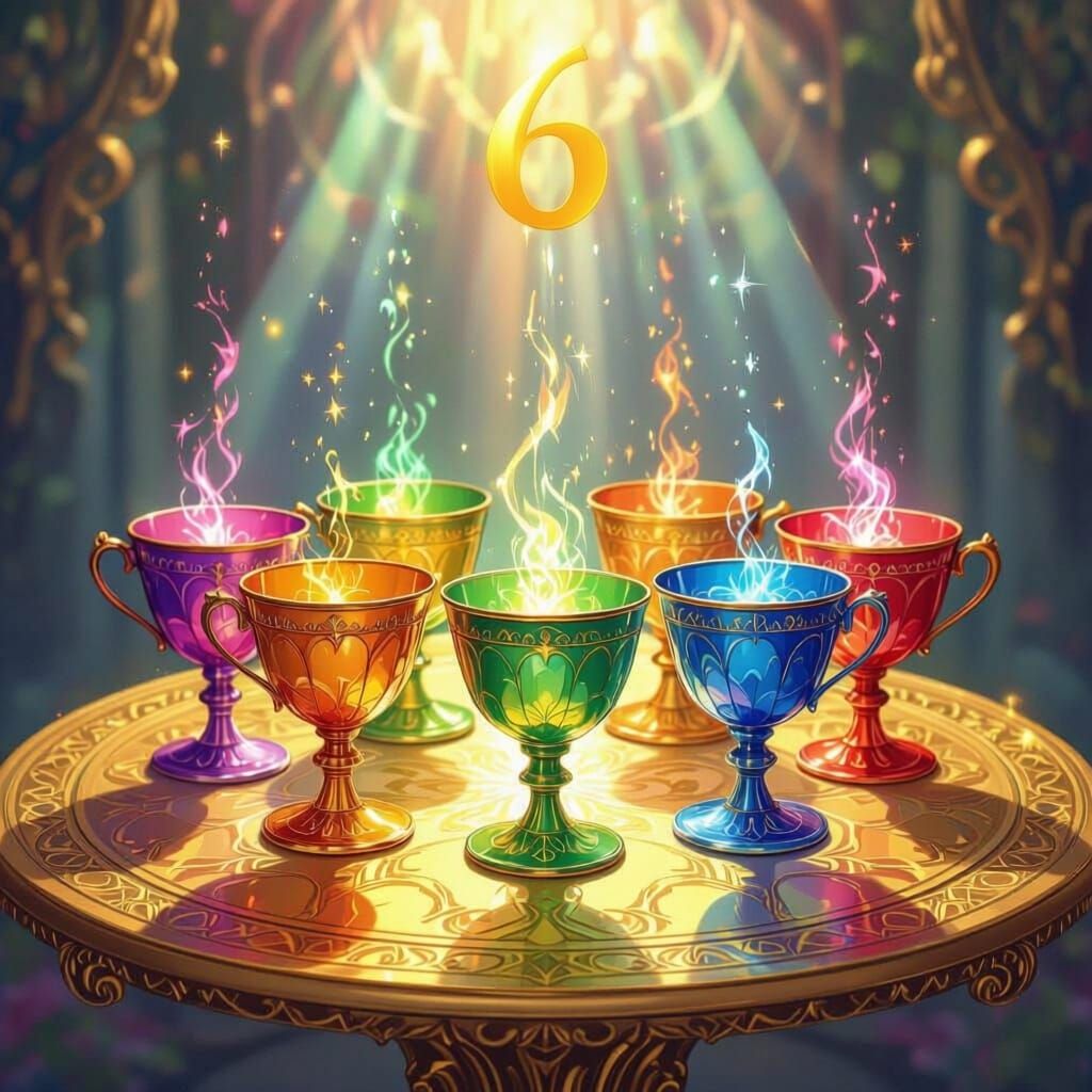 6 of cups tarot card, 6 rainbow chalices on a gold table, fantasy style 