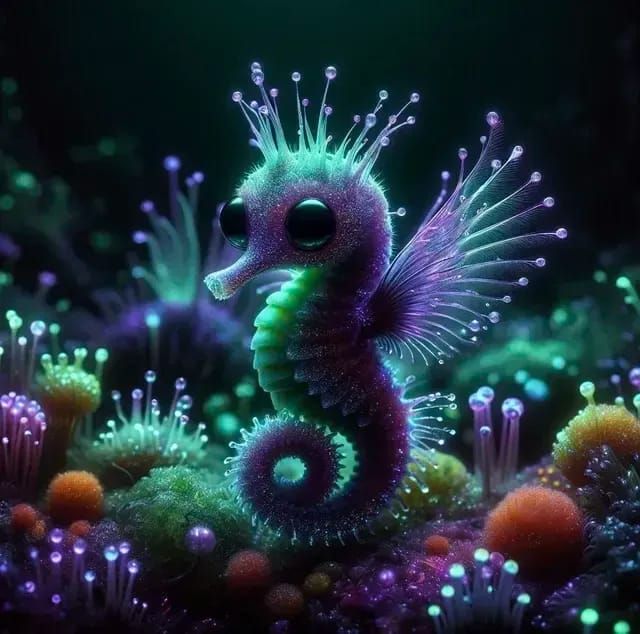 Teeny Tiny Purple-Green Fluffy Seahorse
