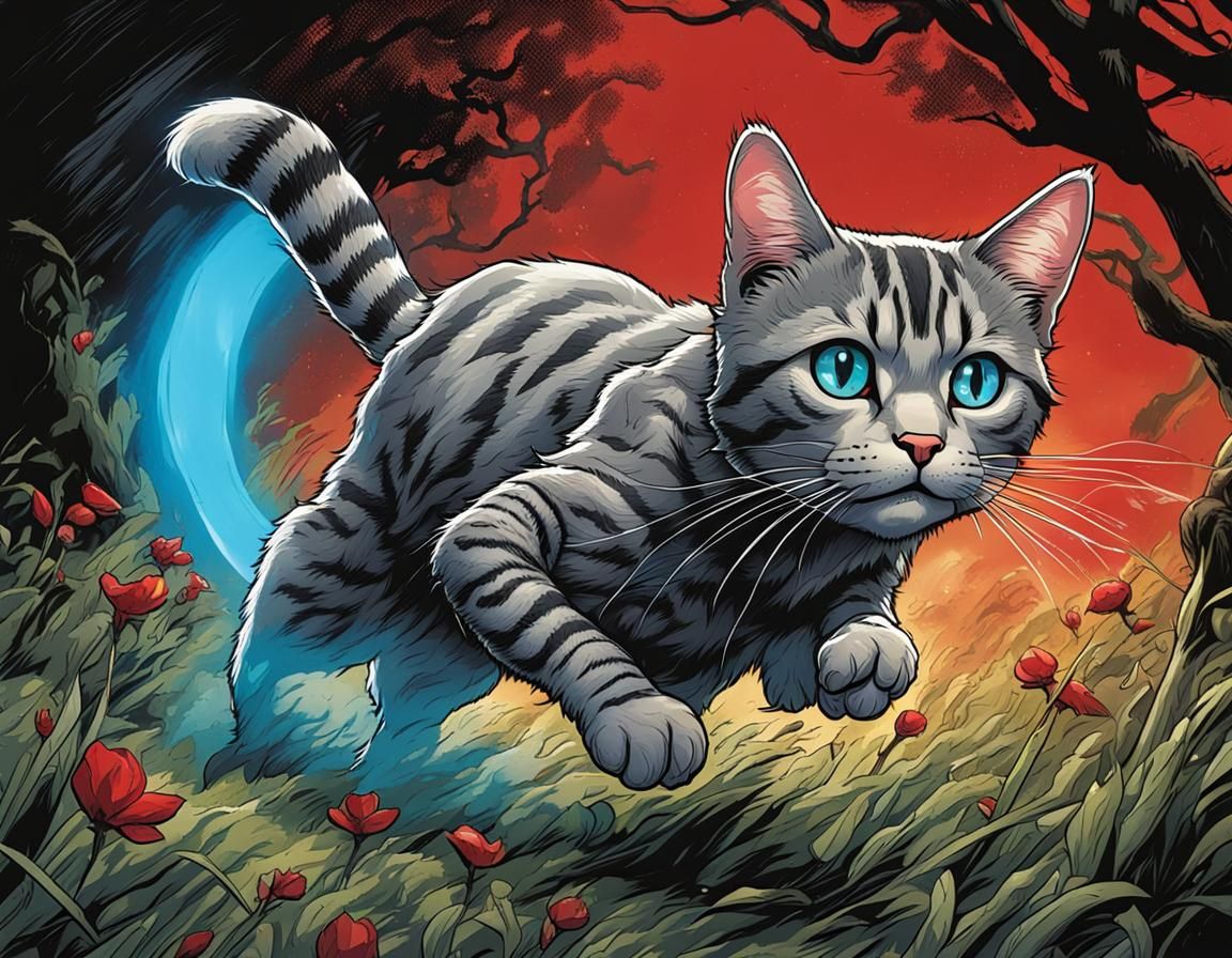 Grey tabby cat spooky forest
