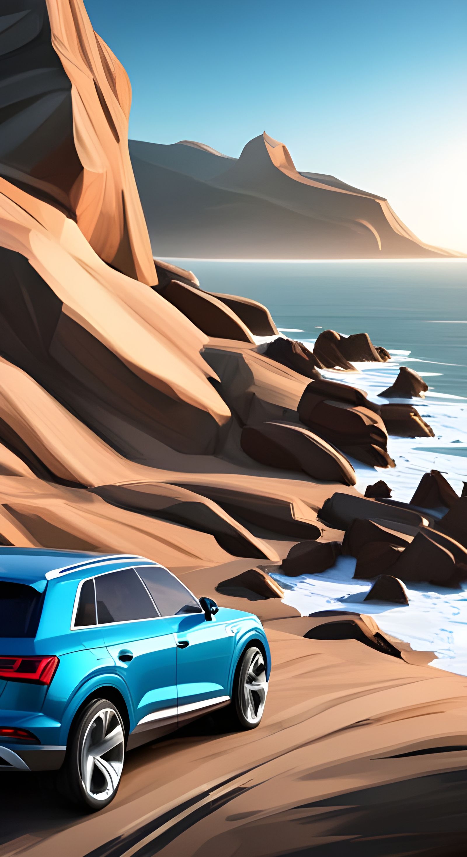 Realistic Audi SUV in blue, driving at the coast near LA, Pi...