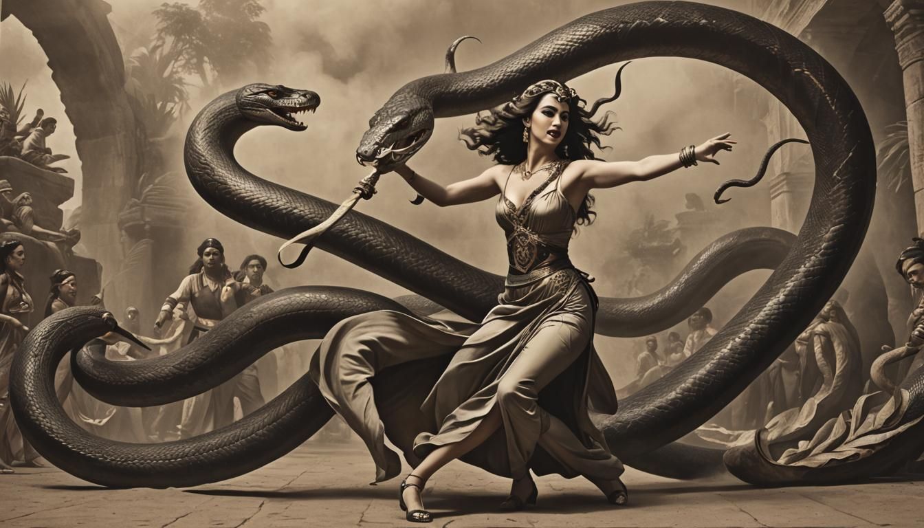 A beautiful woman dancing with a giant snake coiling around ...