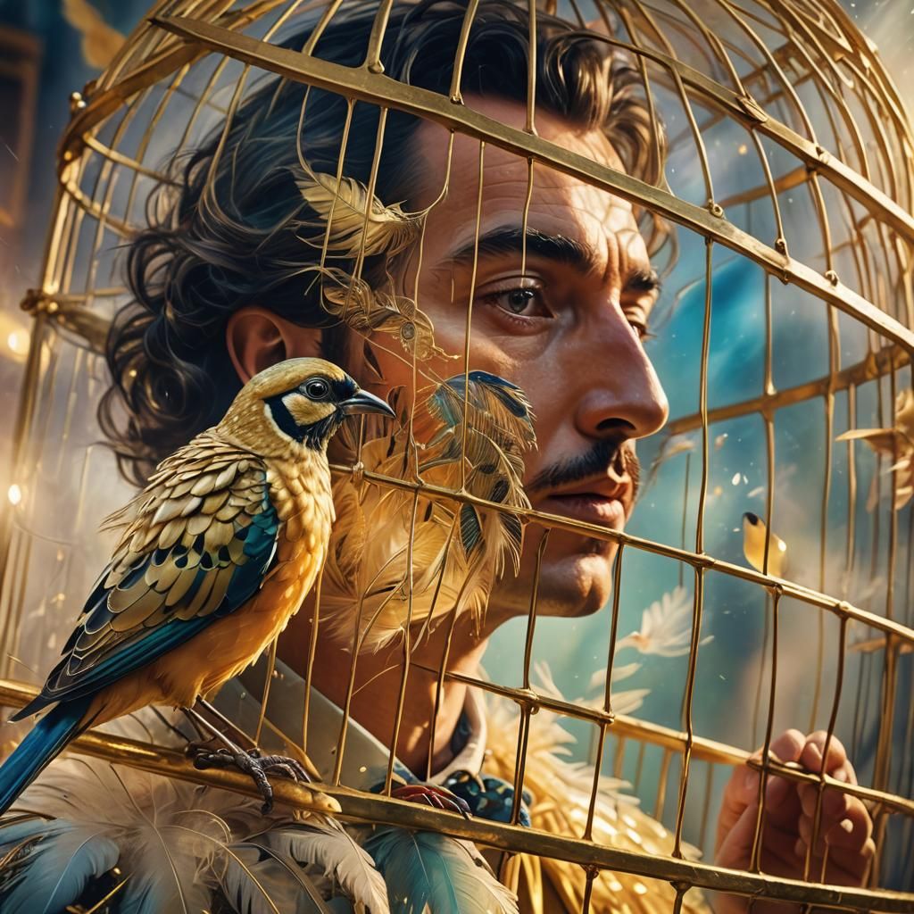 Surreal Bird Whispering in Golden Cage: Macro Photography