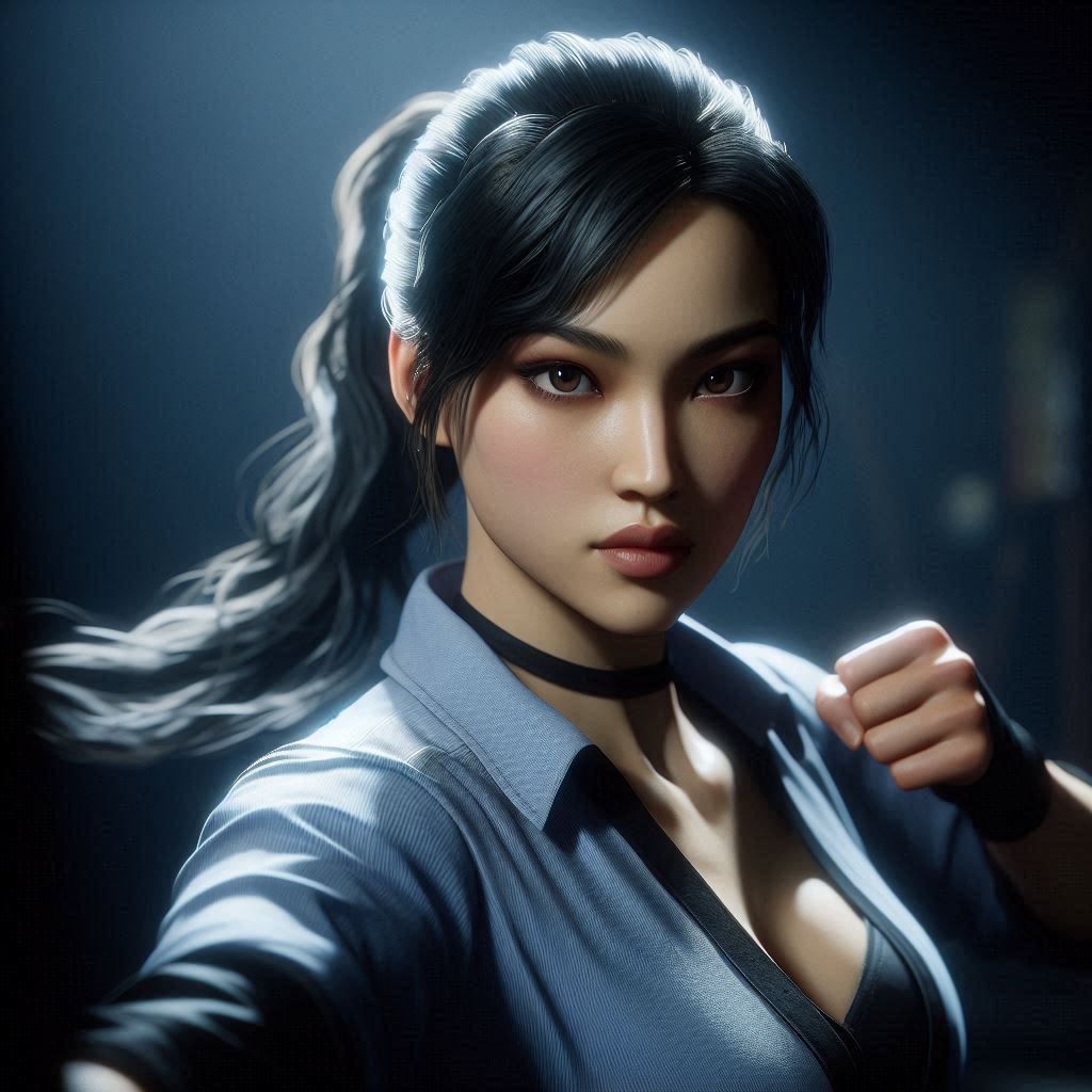 Titaness Kitana getting ready to do martial arts in a dark r...